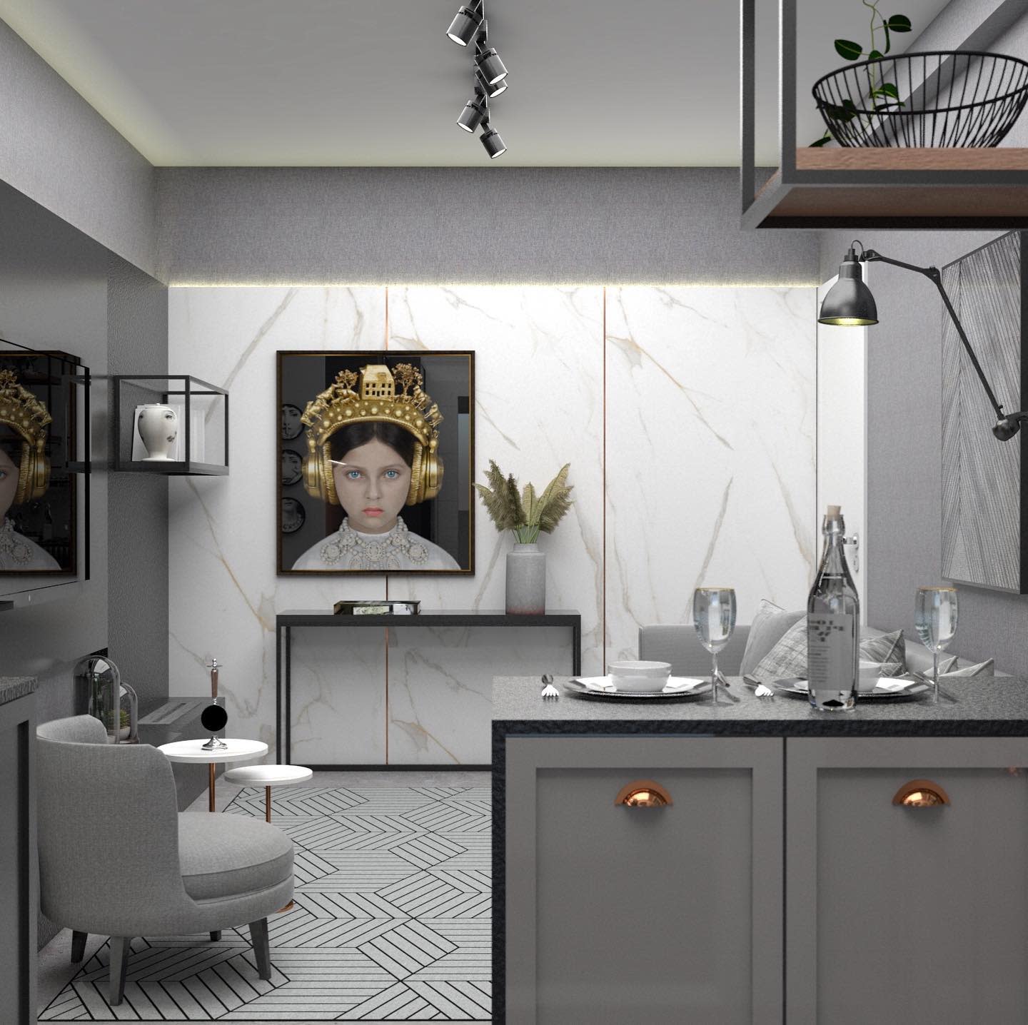 small20basement20apartment20ideas20-fusettiadonis Modern kitchen with marble walls, artistic portrait decor, and gray furnishings.