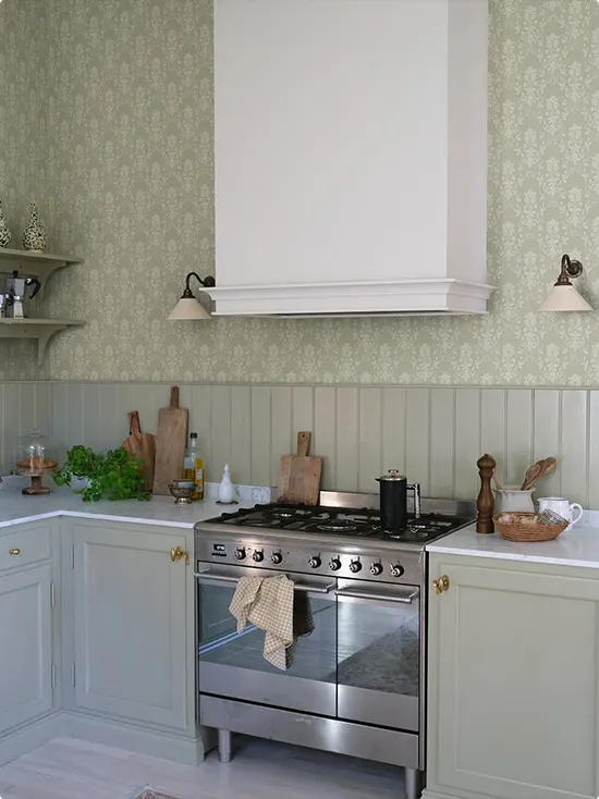 Soft Sage Kitchen Wallpaper Above White Beadboard