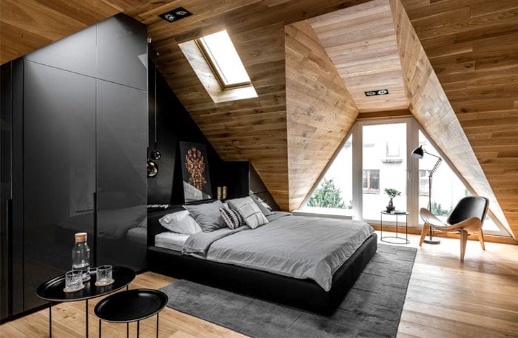 stylish-bedroom-with-black-styling-and-light-colored-wooden-walls Stylish Bedroom with Black Styling and Light-Colored Wooden Walls