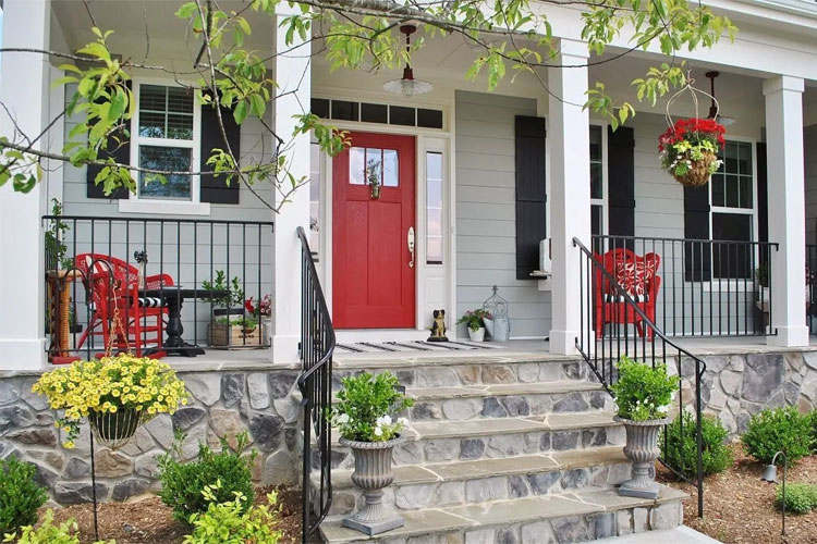 stylish-red-front-door-for-gray-house Red Front Door For Gray House