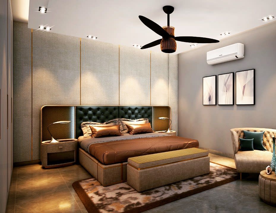 suite20basement20apartment20ideas20-thestoreytellersindia Luxury basement bedroom with tufted headboard, elegant decor, and modern ceiling fan.