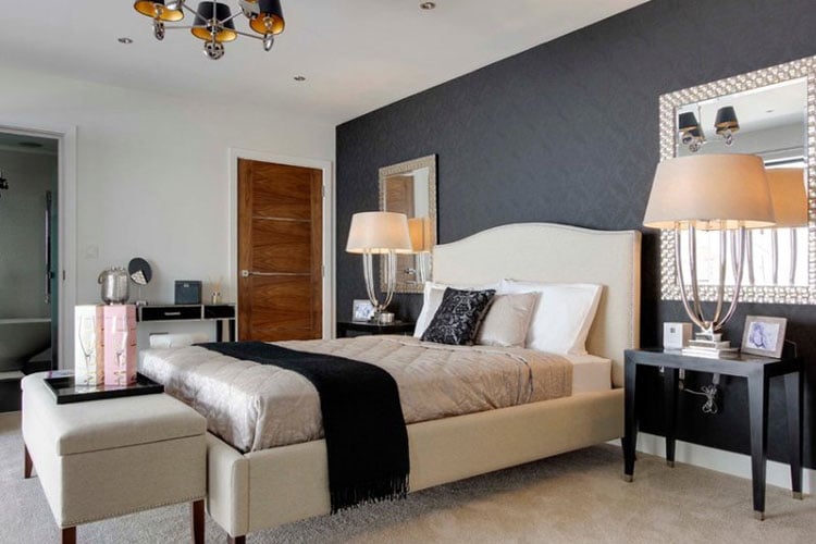 Transitional Bedroom with Black Accent Wall