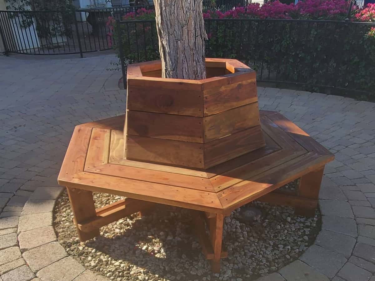 tree-bench-garden-bench-ideas-bmcustomwoodworks hexagonal wood tree garden bench