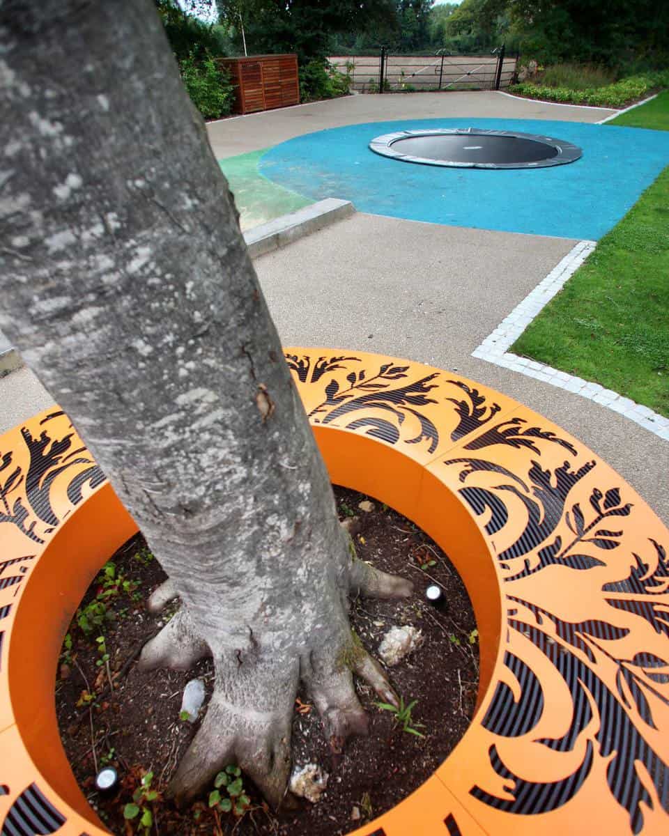 tree-bench-garden-bench-ideas-markmcdowall colorful pattern tree bench