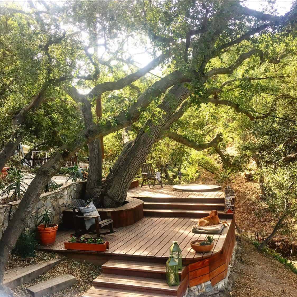 tree-bench-garden-bench-ideas-shadygrovecottage wood patio with tree bench