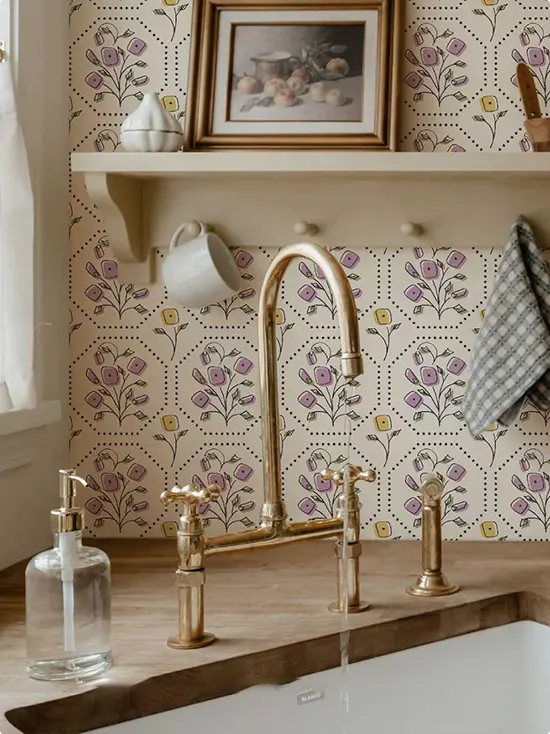 Vintage Floral Wallpaper and Gold Bridge Faucet