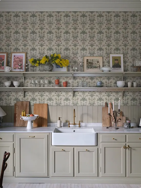 Vintage Sage Damask Kitchen Wallpaper