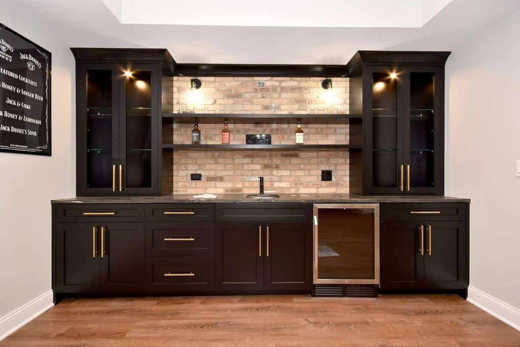 large wall liquor cabinet brick backsplash