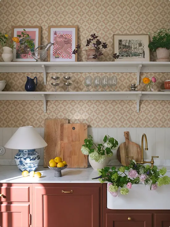Warm Tile Print by a Farmhouse Sink