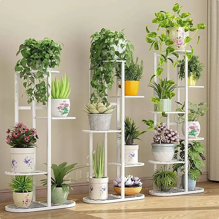White Metal Plant Stands in a Three Tier Multi Tier Set