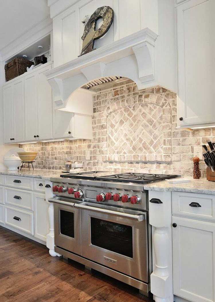 White Rustic Style Cabinets with Brick Wall