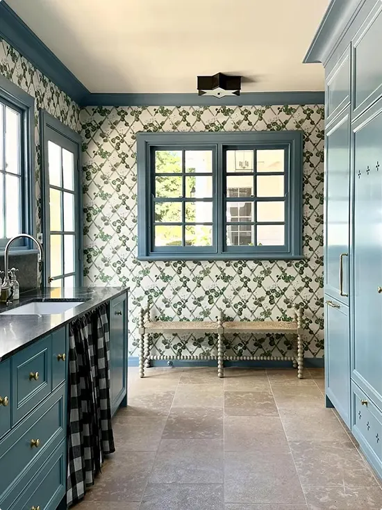 White Trellis Wallpaper in a Butler's Kitchen