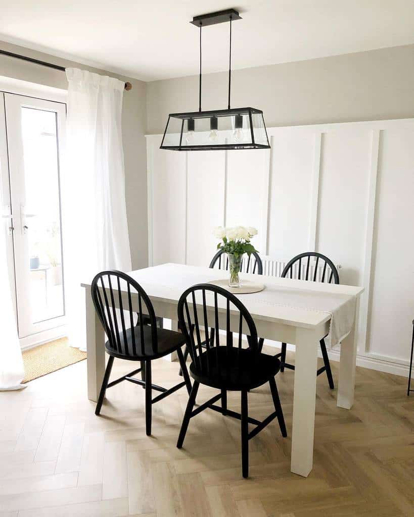 white-wall-paneling-ideas-myhomeinneutral white wall paneling dining room track ceiling lighting black chairs white table
