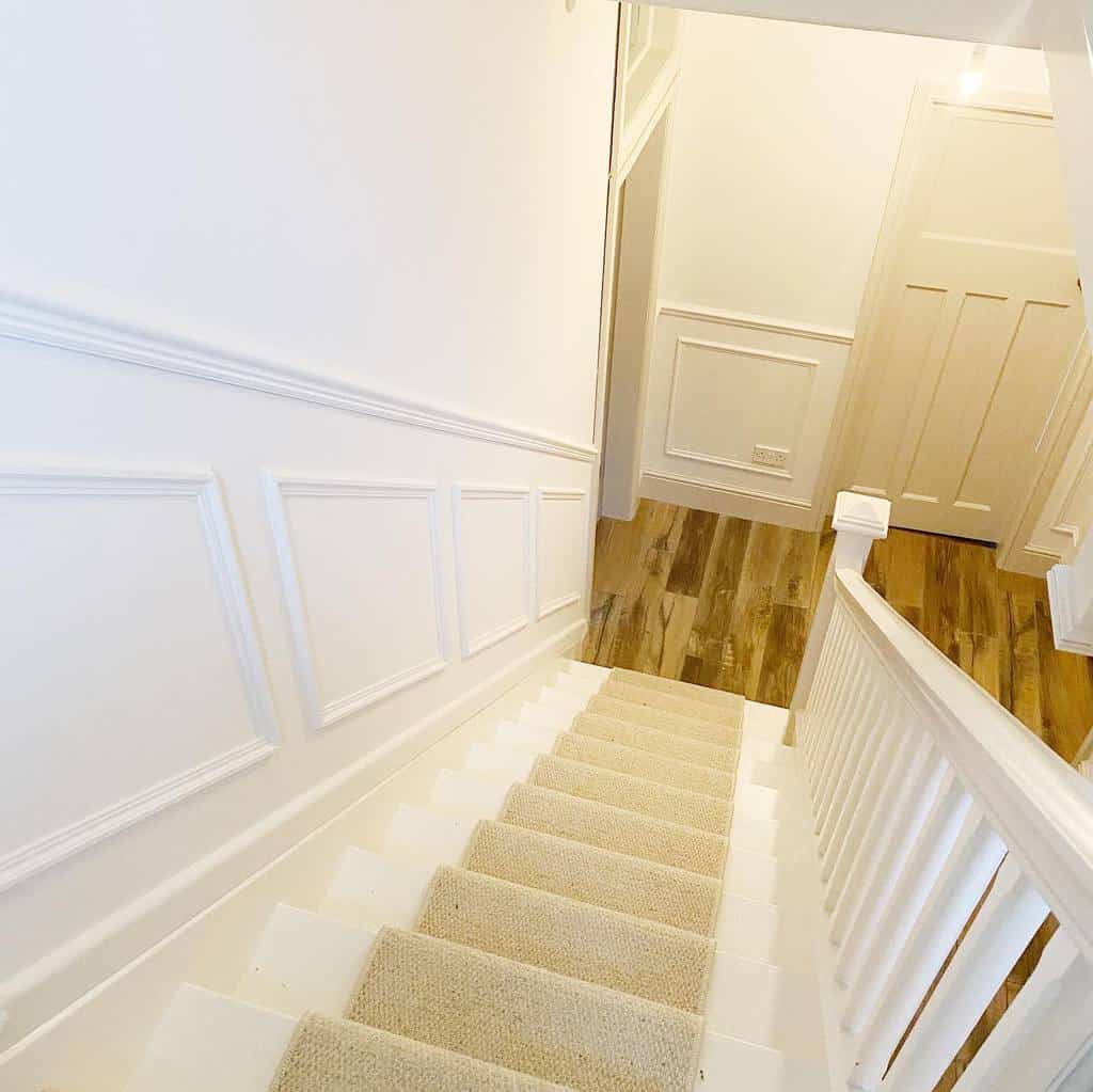 white-wall-paneling-ideas-our-taylor-made_-home_ white wall paneling carpet stairs