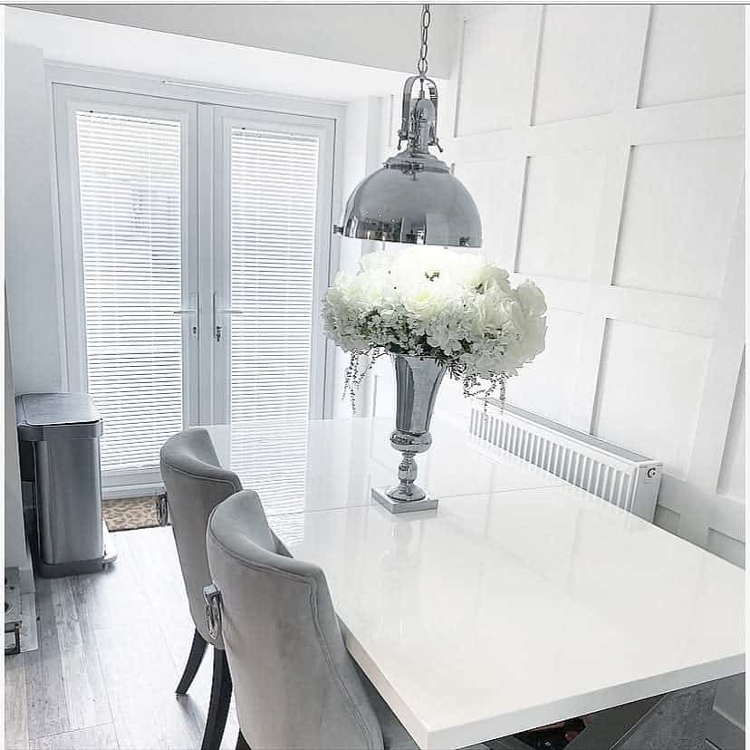 white-wall-paneling-ideas-silver-grey_-home_ white wall paneling dining room silver vase of flowers white table