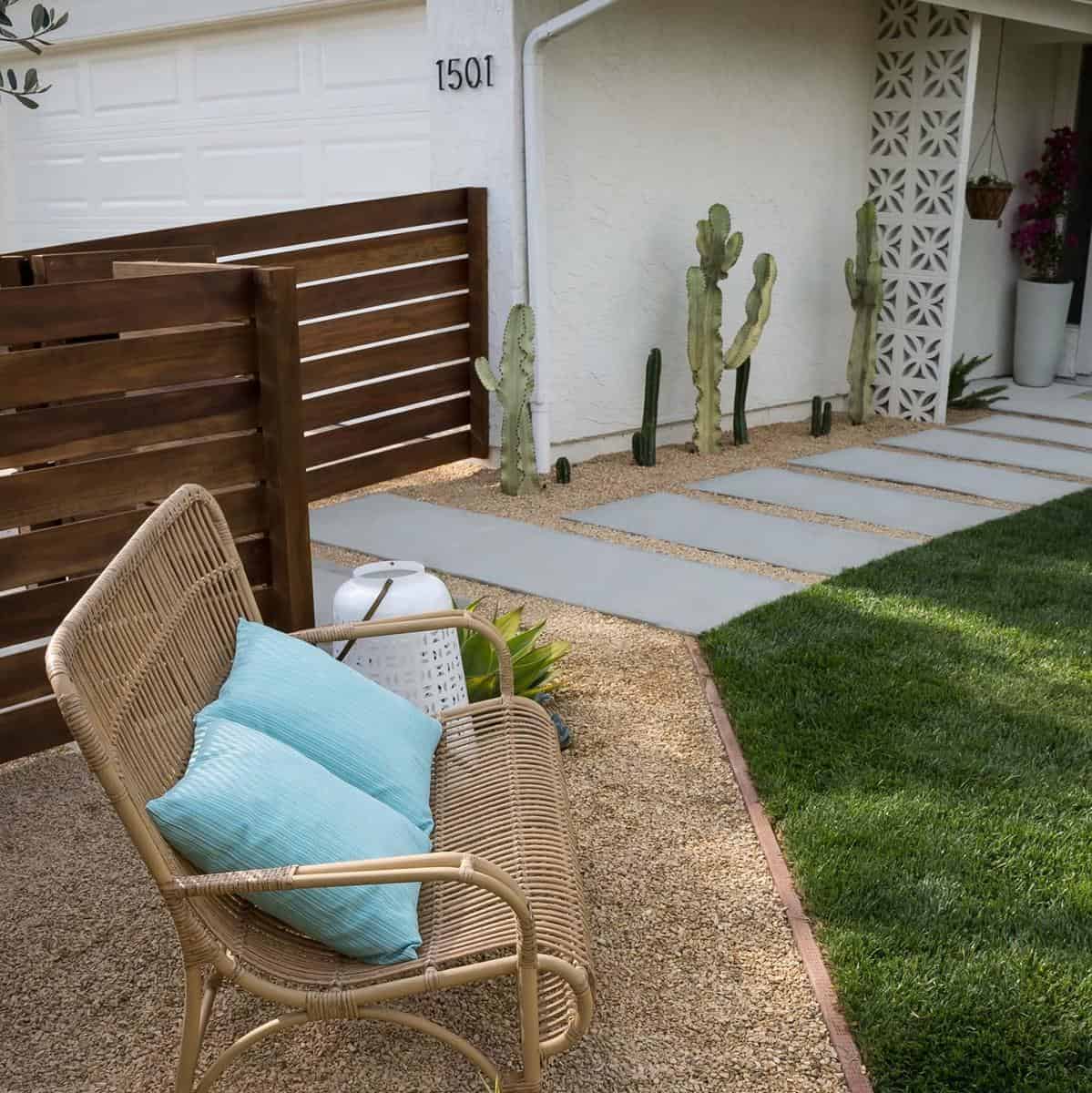 wicker-rattan-bamboo-garden-bench-ideas-designbybrookside wicker garden bench wood fence cactus