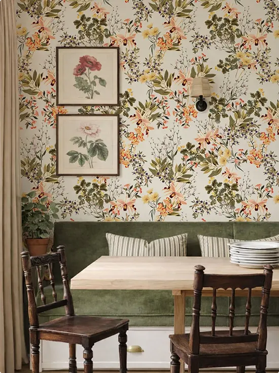 Wildflower Wallpaper with a Green Banquette