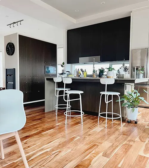 Black Cabinets With Open Mixed Wood Shelves