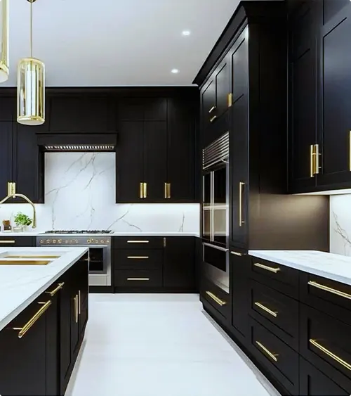 Black Lacquer Cabinets and Gold Hardware