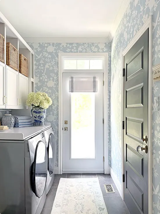 Blue Bird Wallpaper and Charcoal Cabinets