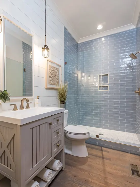 Blue Subway Tile Farmhouse Bathroom