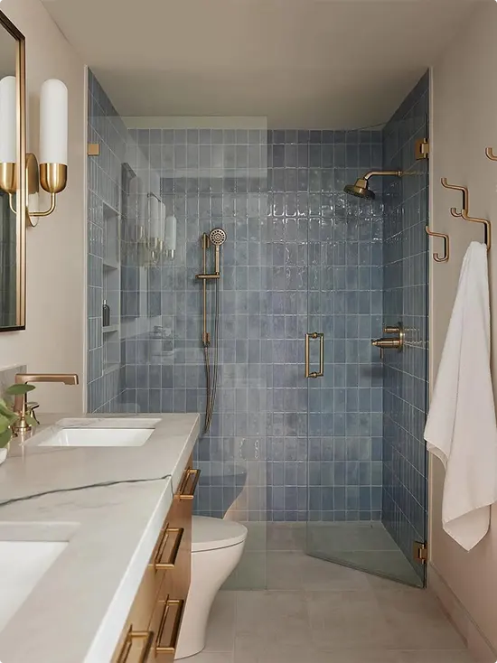 Blue Zellige Tile and Gold Sconce