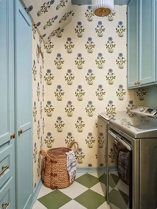 Cream Floral Wallpaper and Olive Checkerboard Laundry Nook