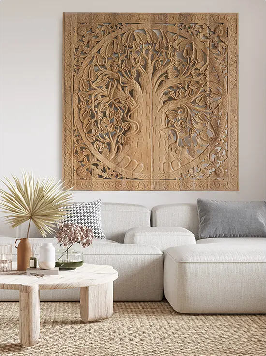 Deep-Carved Massive Tree of Life Wood Panel in Natural Warm Tones