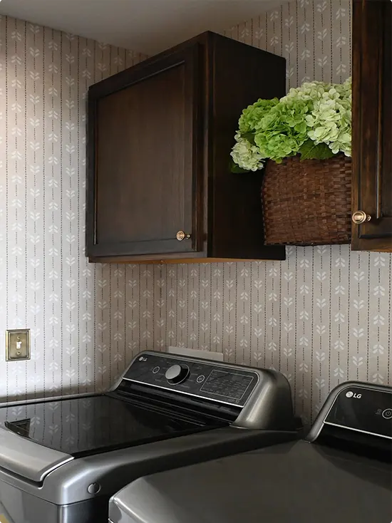 Farmhouse Stripe Wallpaper and Dark Wood Cabinet
