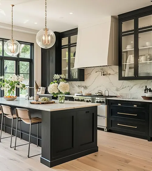 Glass Cabinetry and Globe Pendants