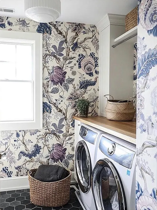 Large Blue Purple Chinoiserie Wallpaper and Black Hexagon Tile Laundry Room