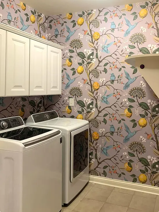 Lavender Chinoiserie Wallpaper with White Cabinetry