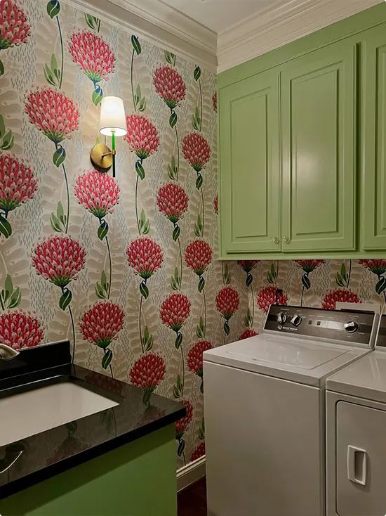 Light Wallpaper with Tall Red Flowers and Sage Green Cabinets