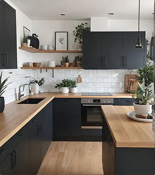 Matte Black Cabinets and Wood Countertops