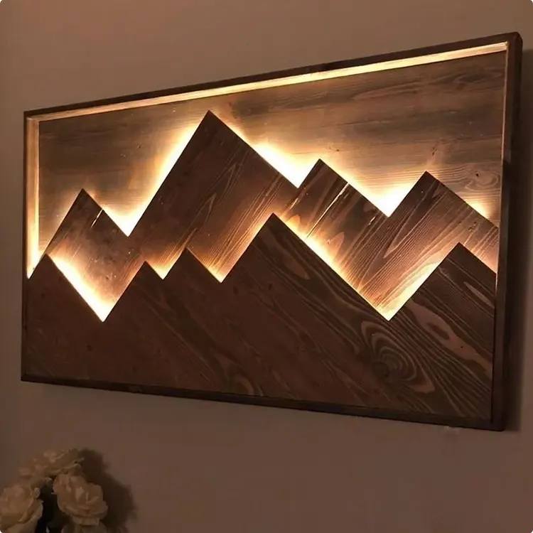 Mountain Range Shown in Backlit Wood Art