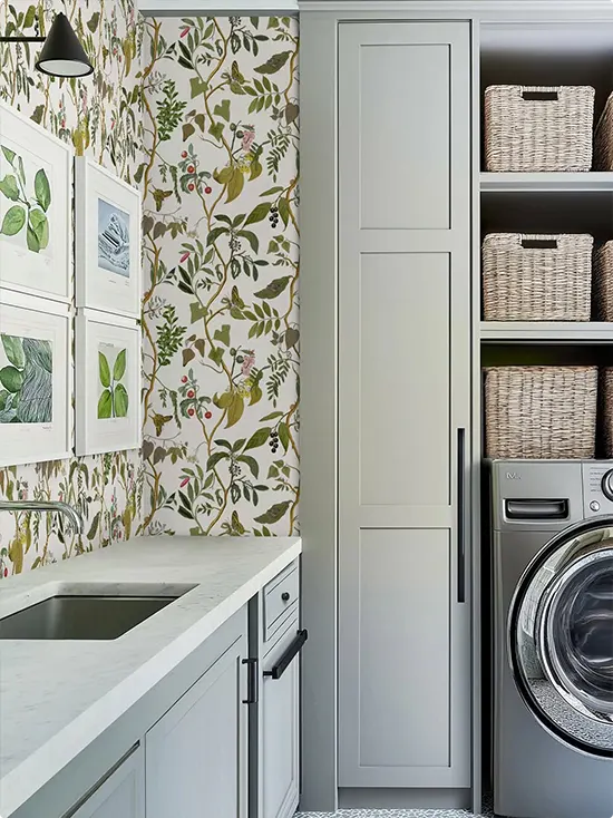 Muted Green Soft-Tone Botanical Wallpaper and Light Gray Shaker Cabinets