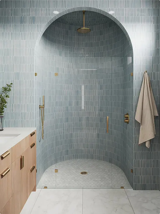 Muted Sage Blue Tile and Full Arch Alcove