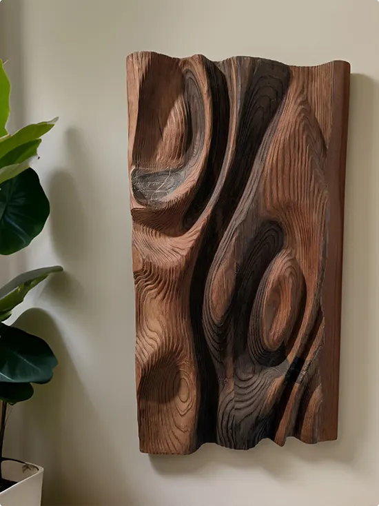 Natural Swirling Grain on a Dark Solid Wood Panel with Deep Carving