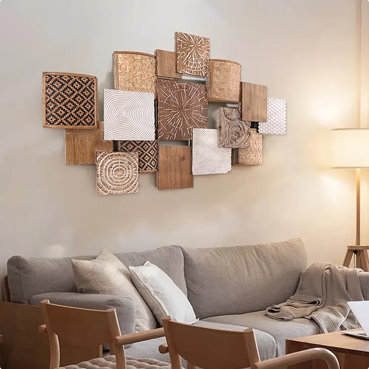 Panel Collage Combining Wood with Woven Material in a Mixed Texture