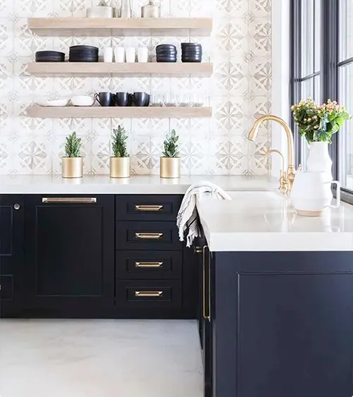 Patterned Tile and Open Shelves