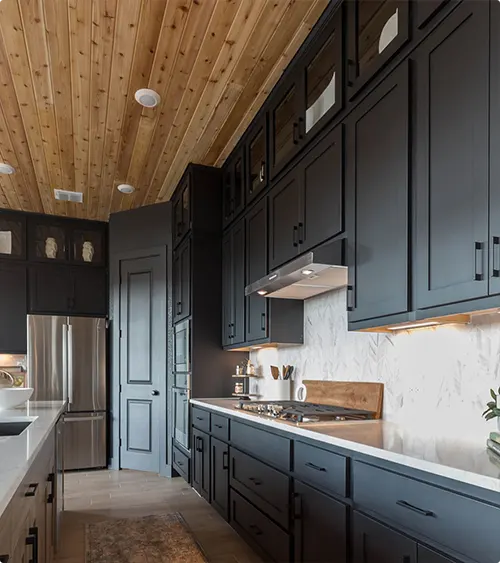 Plank Wood Ceiling and Marble Backsplash
