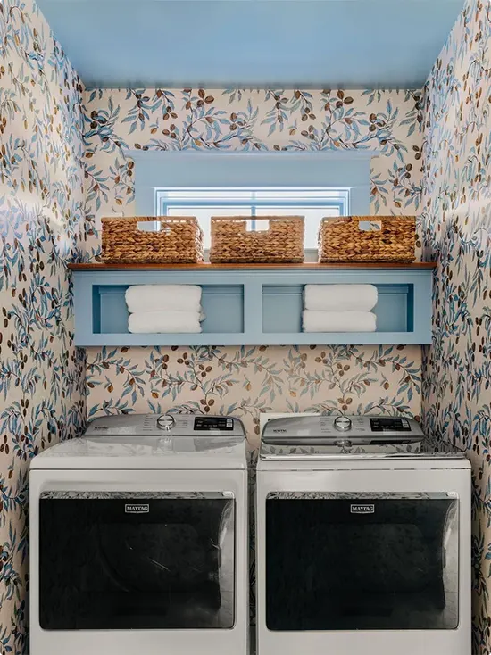 Powder Blue Shelf in a Soft Blue Brown Berry Laundry Nook