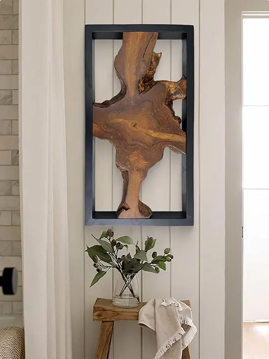 Single Wood Slice with a Live Edge and Open Black Metal Frame