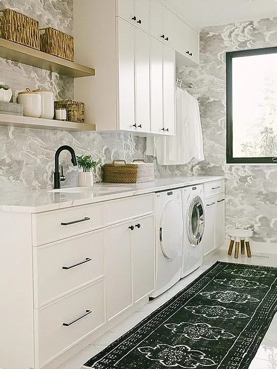 Smoky Gray Swirling Marble Wallpaper with White Cabinetry and Countertops