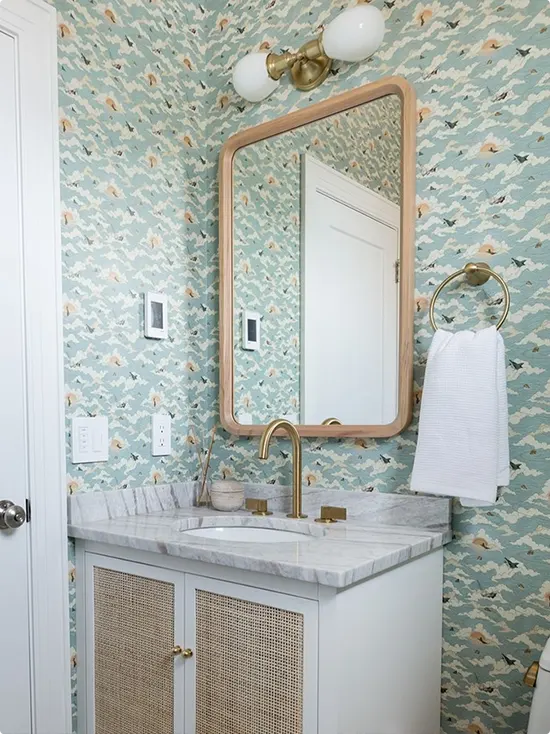 Soft Mint Bird and Wave Wallpaper for a Laundry or Utility Bathroom