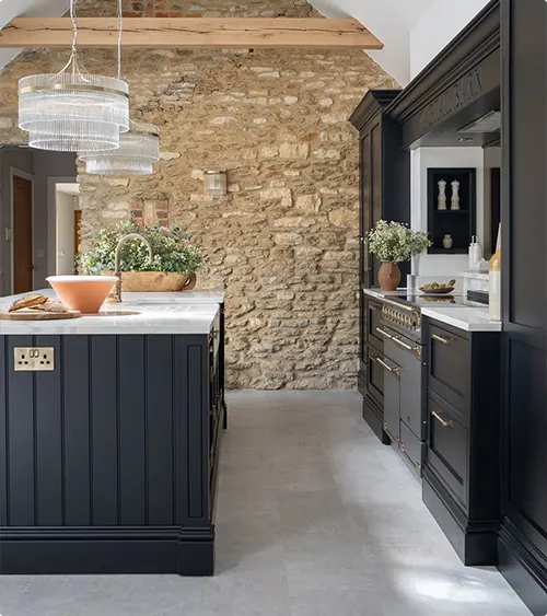 Stone Wall and Tiered Chandeliers