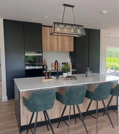 Teal Velvet Chair and Wood Island