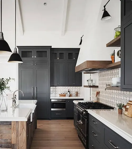 Vaulted Kitchen With Wood Shelves