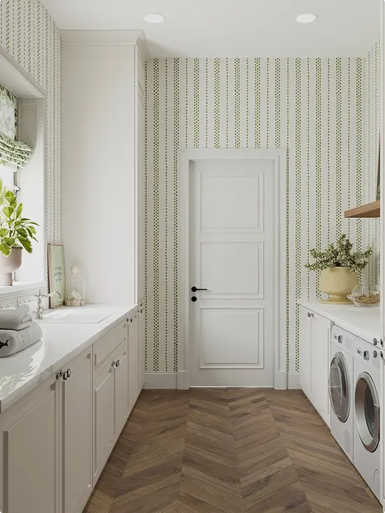 Vertical Green Dotted Laundry Room Wallpaper with Warm Wood Herringbone Floor