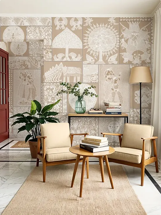 Beige and White Folk Art Wallpaper with Mid-Century Cream Wood Chairs